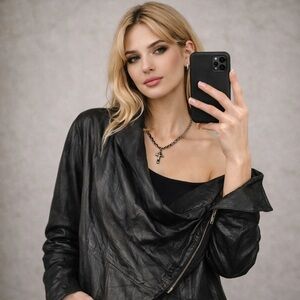 RELIGION GOTH LIGHT PAPER DRAPED LEATHER & KNIT MOTO JACKET SIZE 12 BLACK